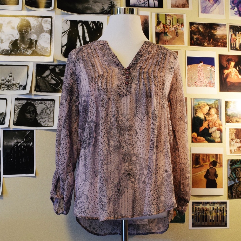 PLEIONE purple paisley sheer pleated collar tunic blouse SMALL